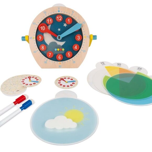 Janod Wooden Clock Toy -Learn To Tell The Time w/Accessories New Sealed Age 5+ - Picture 7 of 16